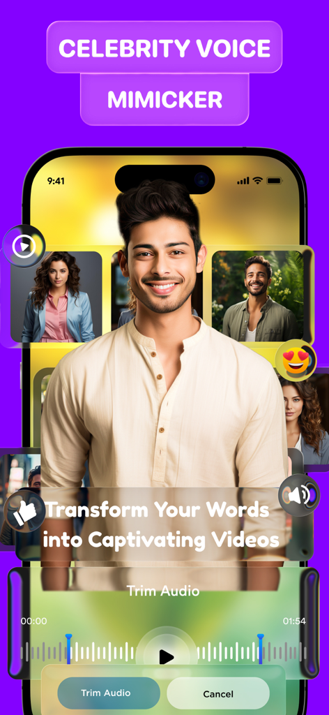 Interfaz de la aplicación VCAP AI mostrando la función de imitador de voz de celebridades y la herramienta de recorte de audio