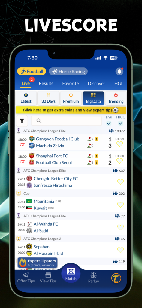 Tipsme - Football Livescore&AI - 팁스미 앱에서 라이브 축구 점수와 경기 통계를 표시하는 휴대폰 화면