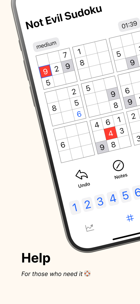 Un puzzle Sudoku en un iPhone mostrando resaltados de errores y herramientas de juego como deshacer y notas.