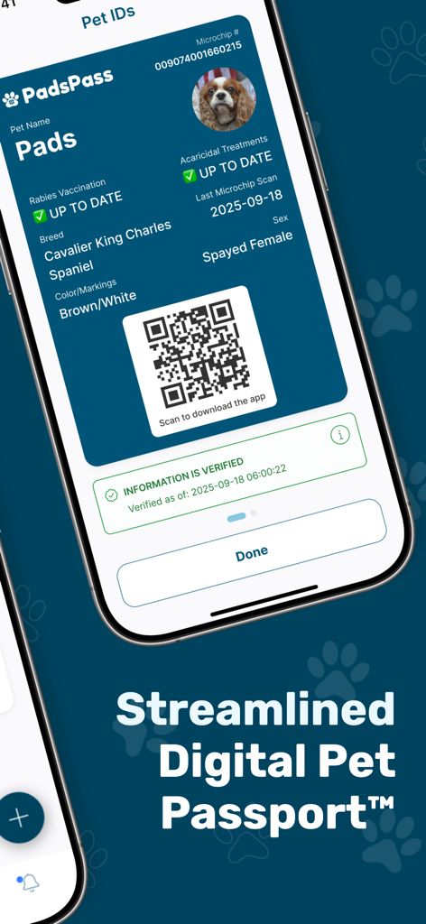 PadsPass - PadsPassデジタルペットパスポートが表示されたスマートフォン。検証済みの健康記録と犬のQRコードが含まれています。