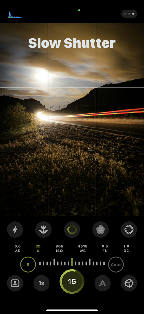 DSLR camera app manual interface showing slow shutter mode with long exposure car light trails