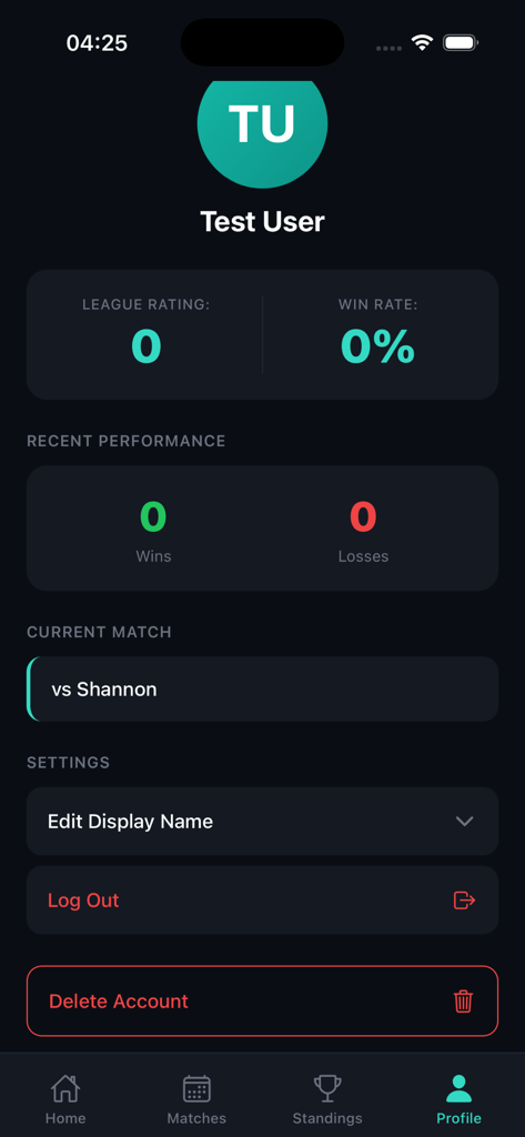 Profile screen of the Snooker Pool League app showing player statistics including league rating and win rate