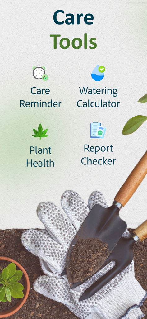 AI Plant Identifier and Care - Pantalla de la aplicación móvil que muestra herramientas de cuidado de plantas que incluyen calculadora de riego y recordatorios de cuidado con guantes y herramientas de jardinería en el fondo