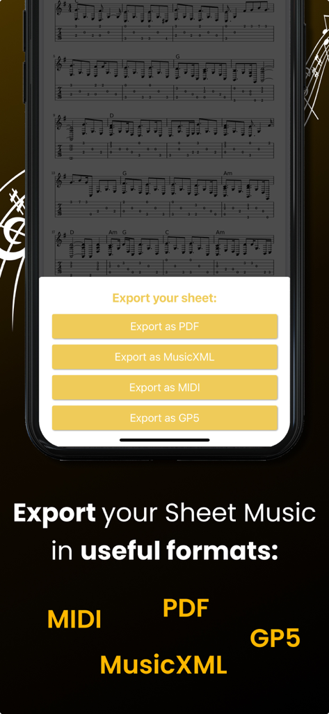 Guitar2Tabs - Transcribe Riffs - Interface showing options to export guitar sheet music as PDF MusicXML MIDI and GP5 formats