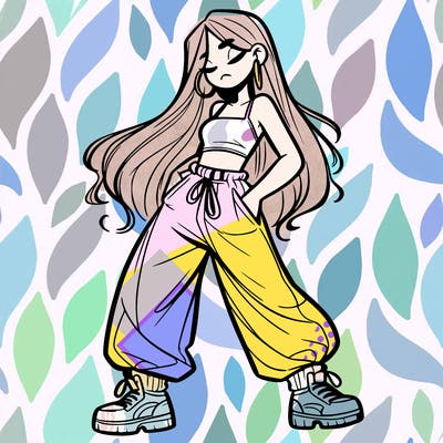 girl in baggy pants crop top and long hair