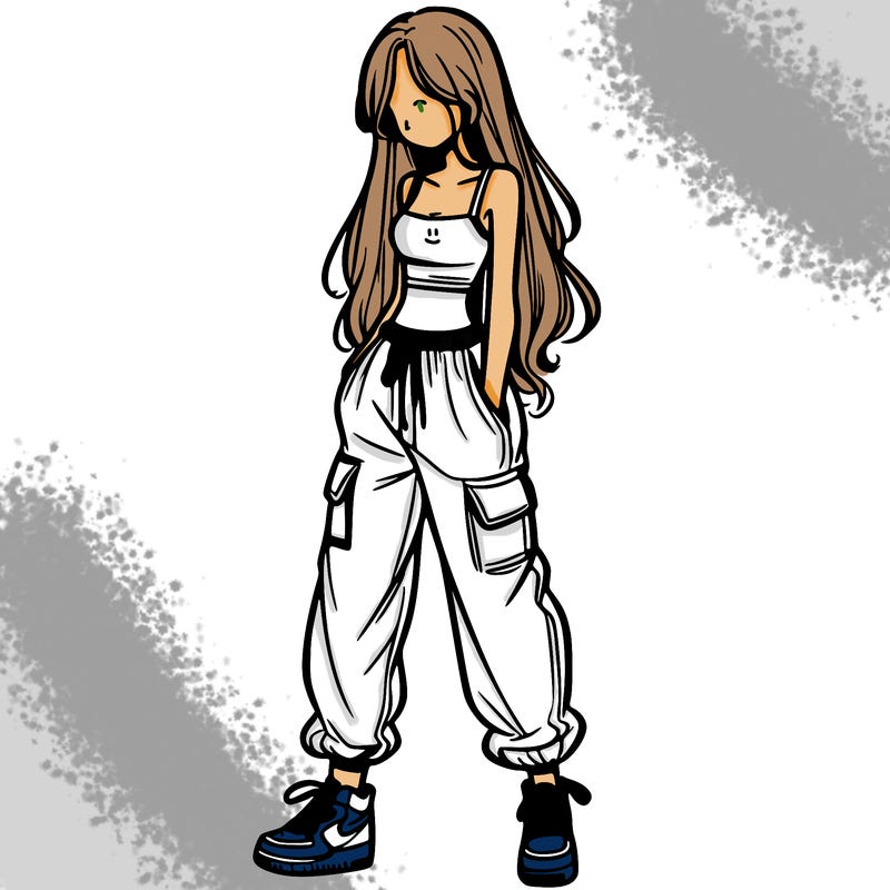 girl in baggy pants crop top and long hair