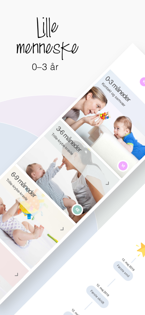 Lille menneske 0-3 år - Captura de pantalla de la aplicación Lille menneske que muestra las etapas de desarrollo y el seguimiento de hitos para bebés de 0 a 3 años