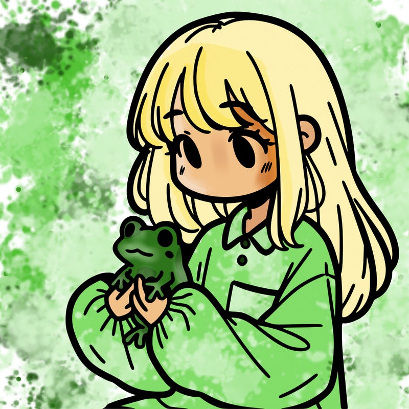 girl with long hair and a oversized shirt. and she is holding a frog