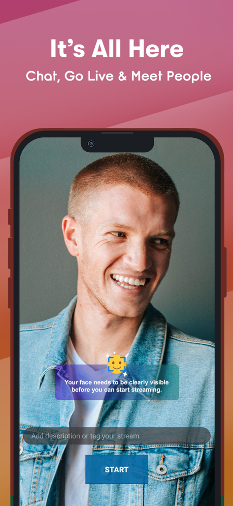 Pantalla de smartphone que muestra la interfaz de transmisión en vivo de la aplicación Kik con un hombre sonriente y el texto "Está Todo Aquí Chatea Ve en Vivo y Conoce Gente"