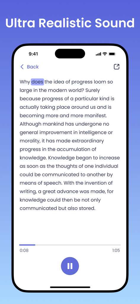 Merfi AI: Text to Speech, TTS - Merfi AI app interface showing text being converted into high quality audio with playback controls.