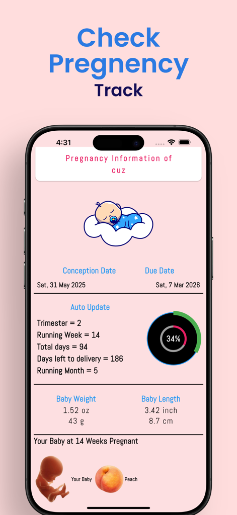 Pregnancy - Baby Tracker App - Panel de la aplicación Rastreador de Embarazo y Bebé que muestra estadísticas de crecimiento del bebé a las 14 semanas, incluyendo peso, longitud y una comparación de tamaño con un melocotón