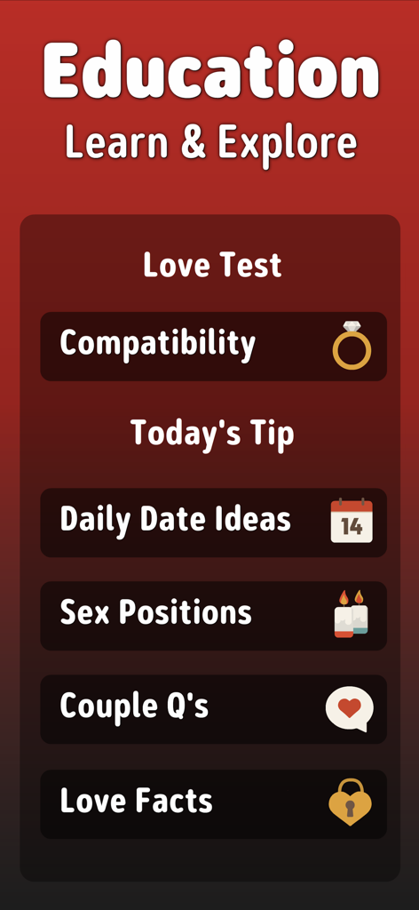 Sex Roulette - Intimasutra - Intimasutra-App-Bildschirm zur Bildung mit Optionen für Kompatibilitätstests und tägliche Date-Ideen