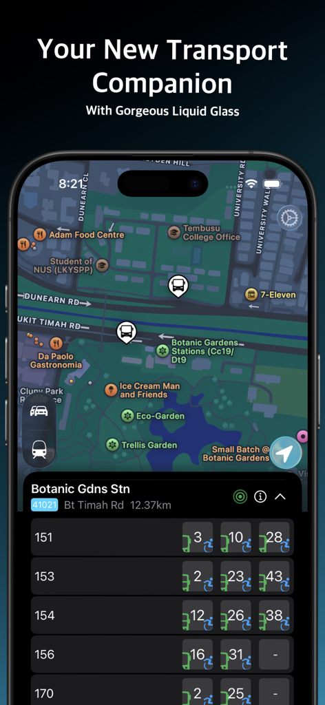 BusSing: SG Bus Arrival Times - BusSing app interface showing a map of Singapore with bus stops and live arrival times for Botanic Gardens Station.