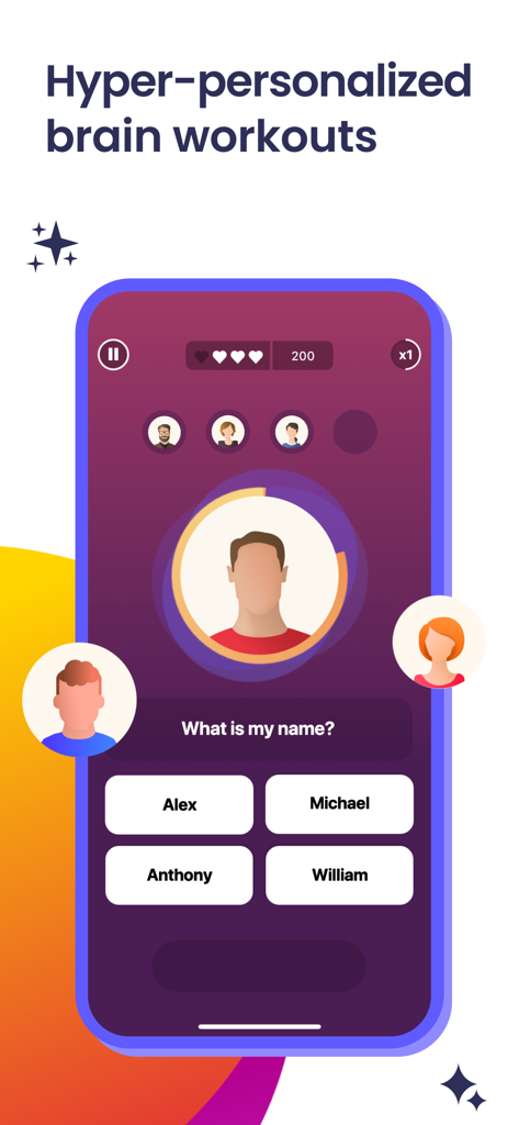 BrainFox - Brain Training - BrainFox app interface showing a personalized memory training game with a name identification challenge