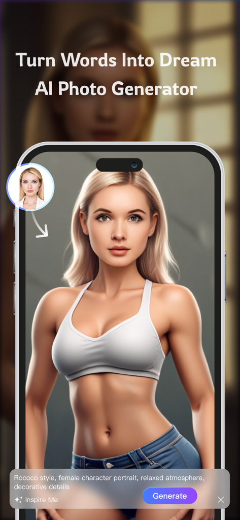 Portrait - AI Photo Generator - Interface do aplicativo Portrait AI mostrando um retrato de personagem gerado de uma mulher