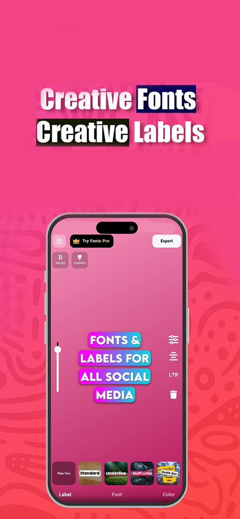 Fonto - story font for IG - Smartphone displaying the Fonto app interface with pink background and creative font labels for social media stories