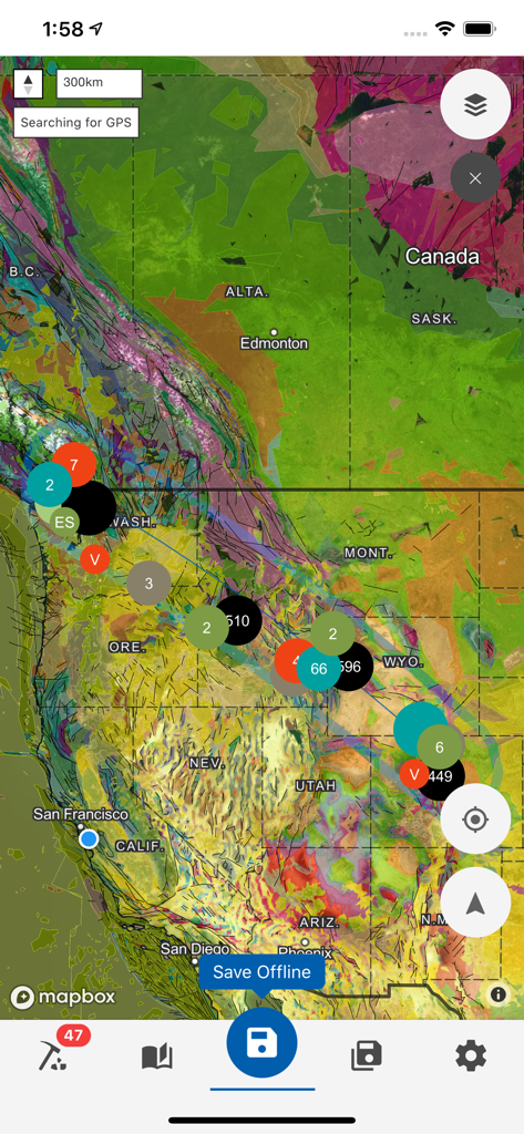 北米西部のカラフルな地質図、数値データクラスター、オフライン保存ボタンが表示されたモバイルインターフェース