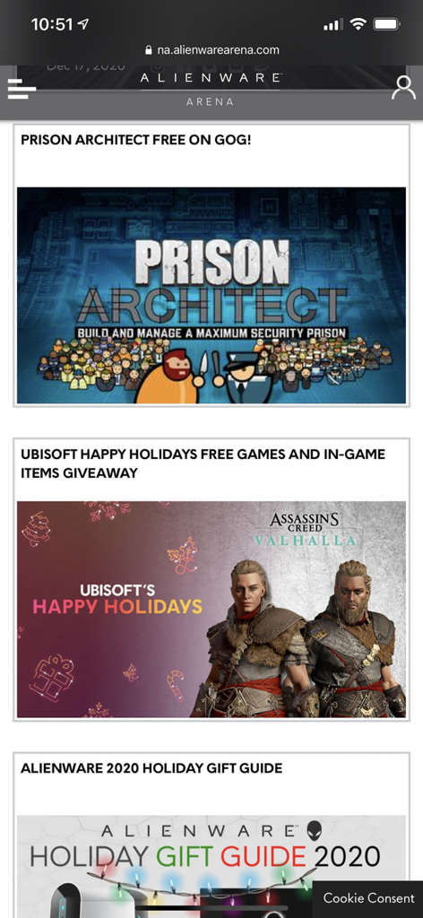 Alienware Arena app news feed showing free game giveaways and holiday rewards.