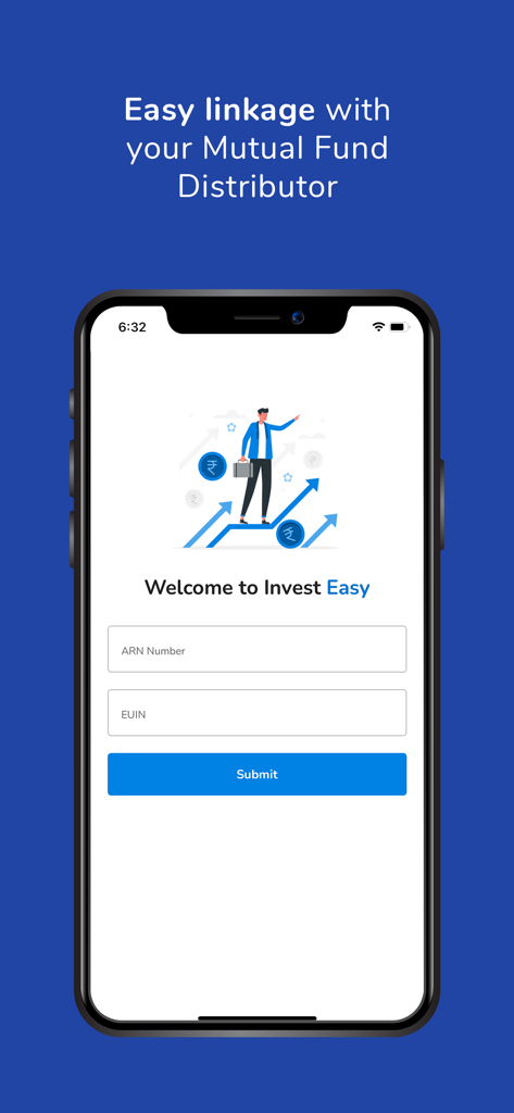 SBIMF InvestEasy - Interface de l'application SBIMF InvestEasy montrant les champs pour lier un distributeur de fonds communs de placement à l'aide du numéro ARN et de l'EUIN.