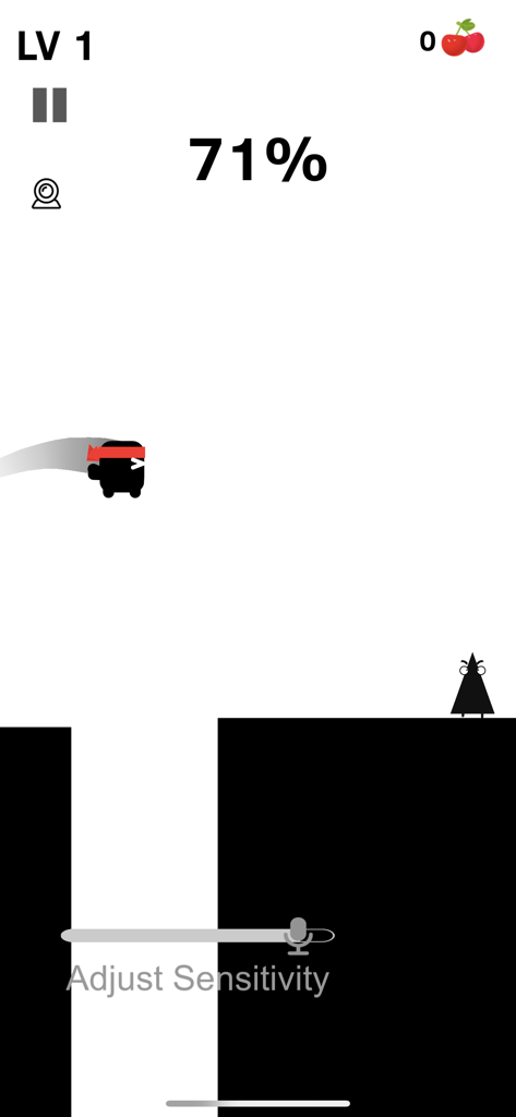 Scream Go Hero - Scream Go Hero Gameplay-Screenshot, der eine Ninja-Figur beim Springen zwischen Plattformen mit einem Stimmempfindlichkeitsregler zeigt