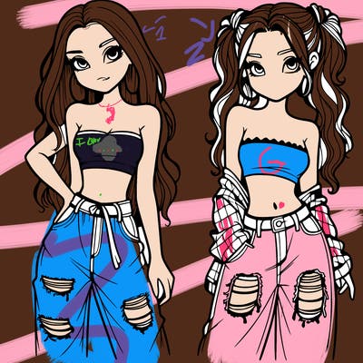 2 girls in crop tops and baggy jeans ripped