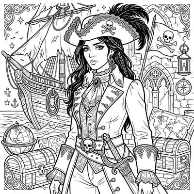 Set sail for a thrilling coloring journey with this exquisite Gothic Female Pirate design. Featuring a powerful captain adorned in intricate Victorian fashion amidst classic pirate treasures, it promises an engaging artistic escape.