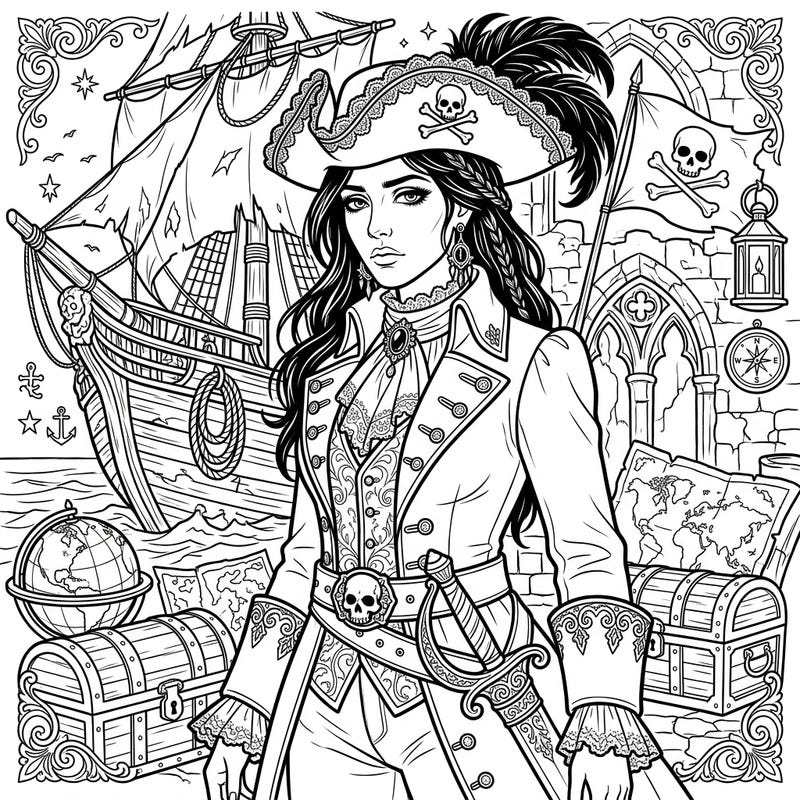 Set sail for a thrilling coloring journey with this exquisite Gothic Female Pirate design. Featuring a powerful captain adorned in intricate Victorian fashion amidst classic pirate treasures, it promises an engaging artistic escape.