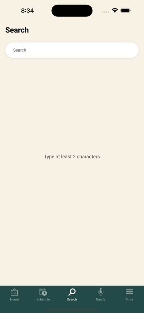 Festival One - Search screen of the Festival One app showing a search bar and bottom navigation menu.