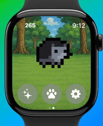 Pixel Paws - Virtual Pet Toy - Um pet de porco-espinho em arte pixel em um Apple Watch em cenário de floresta