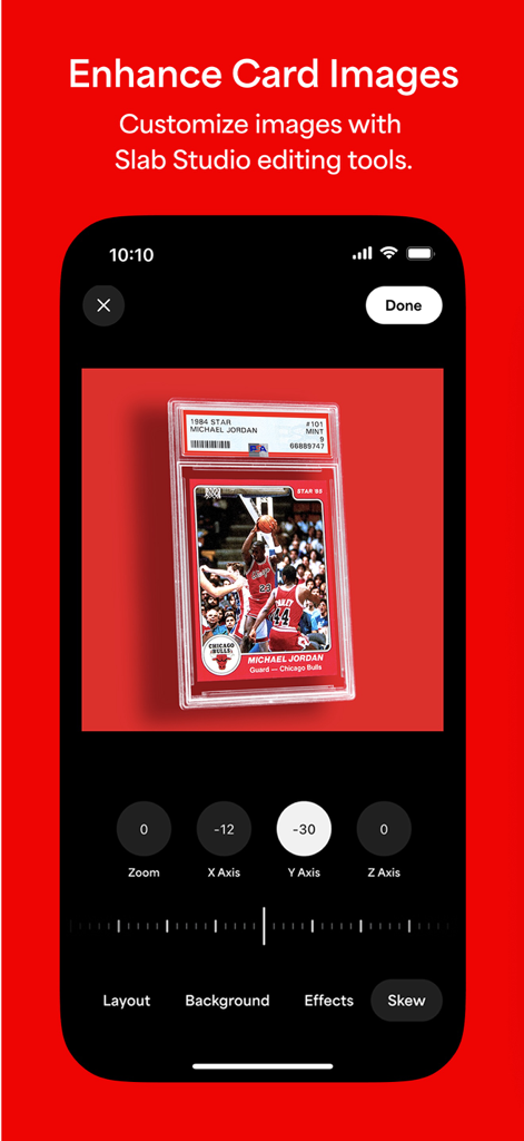 PSA: Card Scanner & Grading - A screenshot of the Slab Studio editing tools in the PSA app enhancing a Michael Jordan card image