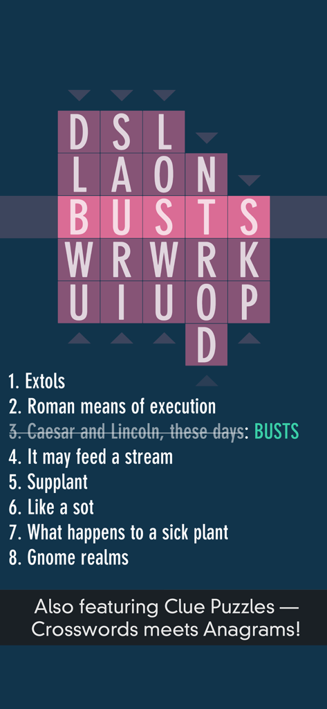 Typeshift word game screenshot showing a crossword clue puzzle where vertical columns of letters are shifted to spell the word BUSTS