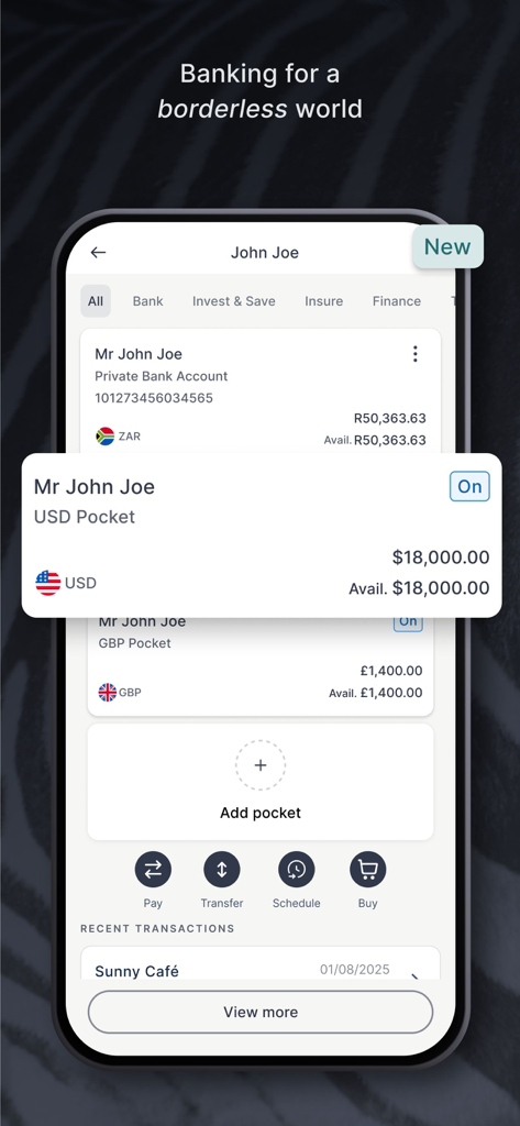 Interface do aplicativo Investec Private Client mostrando contas multimoeda e recursos bancários internacionais