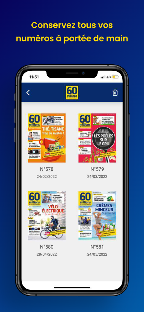 60 Millions - Digital magazine library in the 60 Millions app displaying multiple past issues with covers and publication dates.