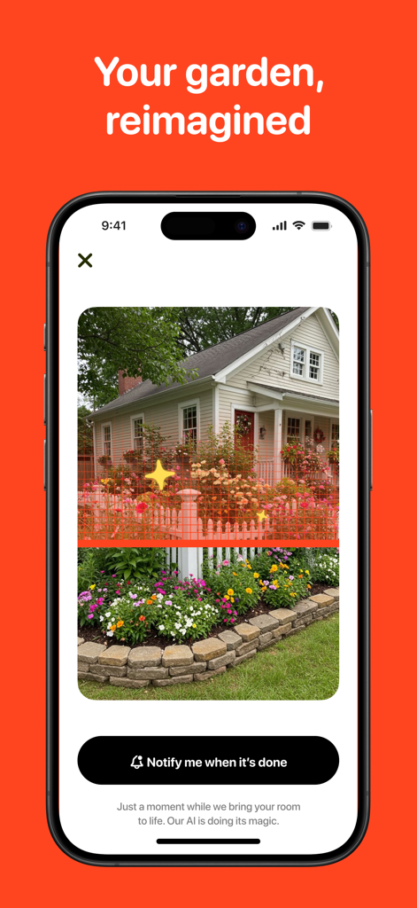 Casa AI - Interior Design - Casa AI app interface displaying an AI garden design transformation on a house exterior