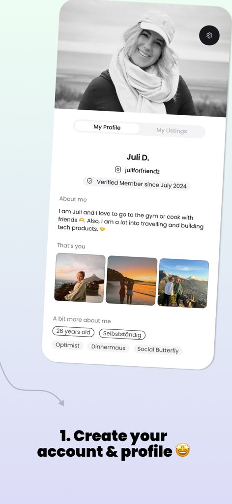 flatsforfriendz - Mobile screen showing a personalized user profile in the flatsforfriendz app with photos and bio tags