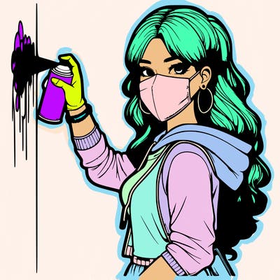 realistic girl with mask spray painting a wall