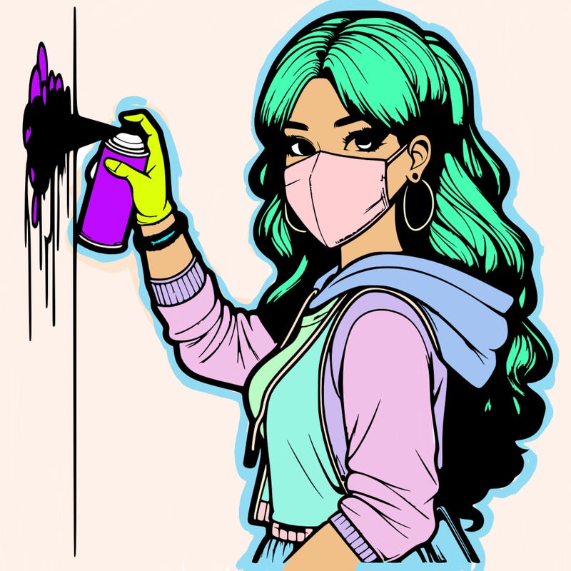 realistic girl with mask spray painting a wall