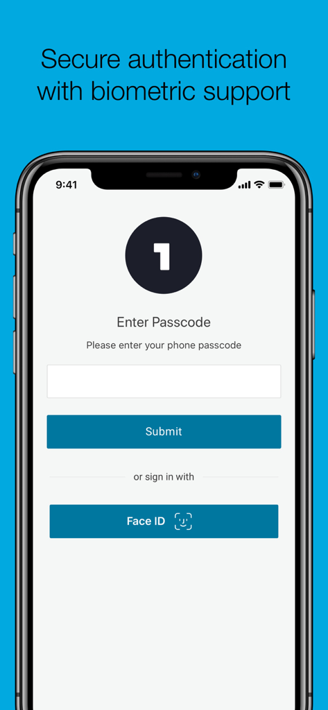 OneLogin Portal login screen showing passcode entry and Face ID authentication options