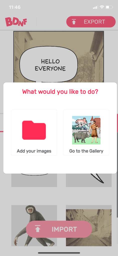 BDnF (light version) - Une fenêtre contextuelle dans l'application légère BDnF demandant à l'utilisateur d'ajouter des images ou de visiter la galerie pour la création de BD