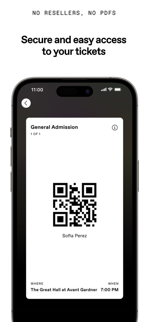 DICE: Live Shows - Un biglietto digitale per eventi con un codice QR sicuro visualizzato sullo schermo dell'app mobile DICE.