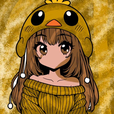 anime girl with chick shaped hat with sweater with bare shoulders with bangs covering them one eye with low tail