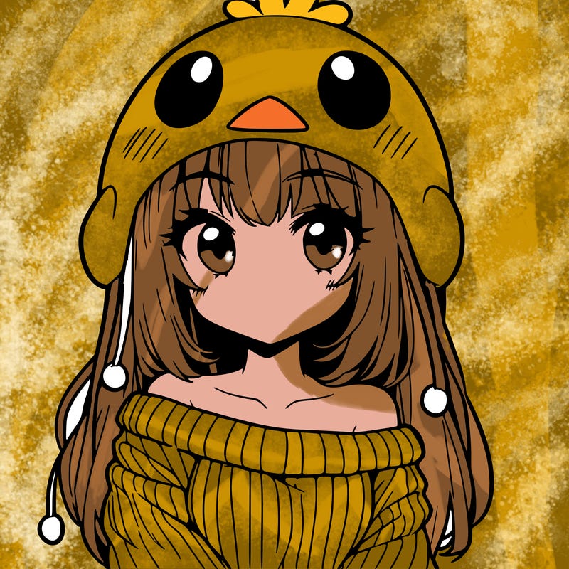 anime girl with chick shaped hat with sweater with bare shoulders with bangs covering them one eye with low tail