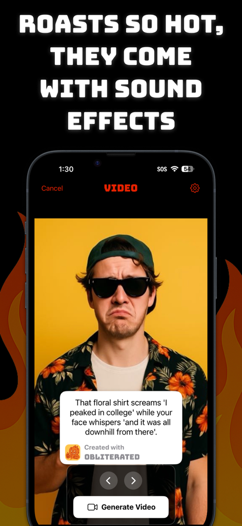 Roast Bot: Savage Comebacks - Interface of the Roast Bot app showing an AI generated roast of a photo with an option to generate a video