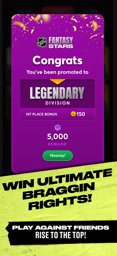 In-app screenshot showing promotion to the Legendary Division in NHL Fantasy Stars with rewards