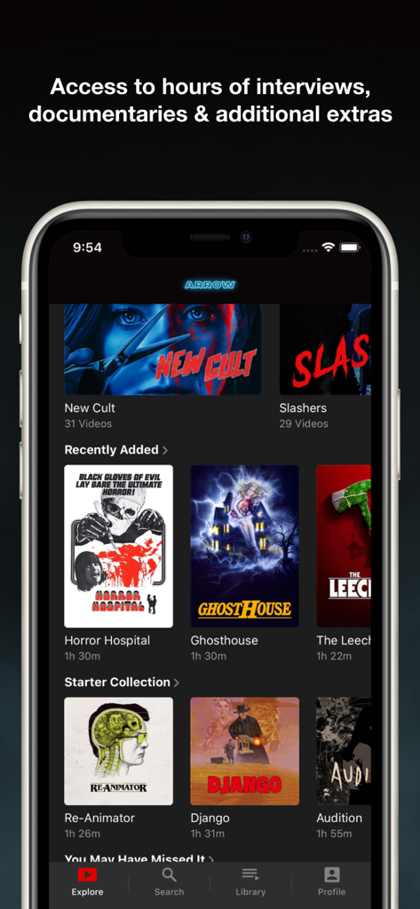 ARROW Player - Tela do aplicativo Arrow Player mostrando coleções curadas de filmes cult e de terror