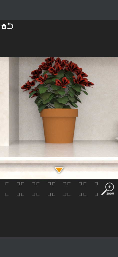 脱出ゲームの部屋の棚に置かれた赤い花が咲いた鉢植え