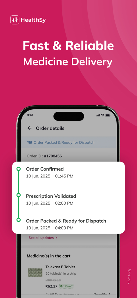 HealthSy-Online Healthcare App - Smartphone screen showing medicine order status and tracking in the HealthSy app