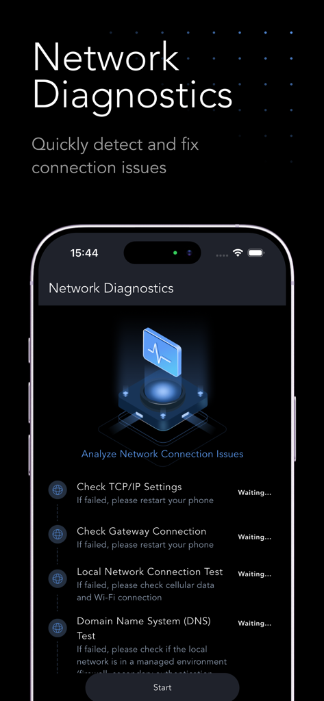 Internet Speed Test Master App - Network diagnostics screen showing TCP IP and DNS connection tests in the Internet Speed Test Master App