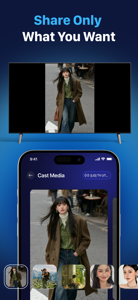 Flujo: Screen Control - Smartphone interface casting a photo to a smart TV screen