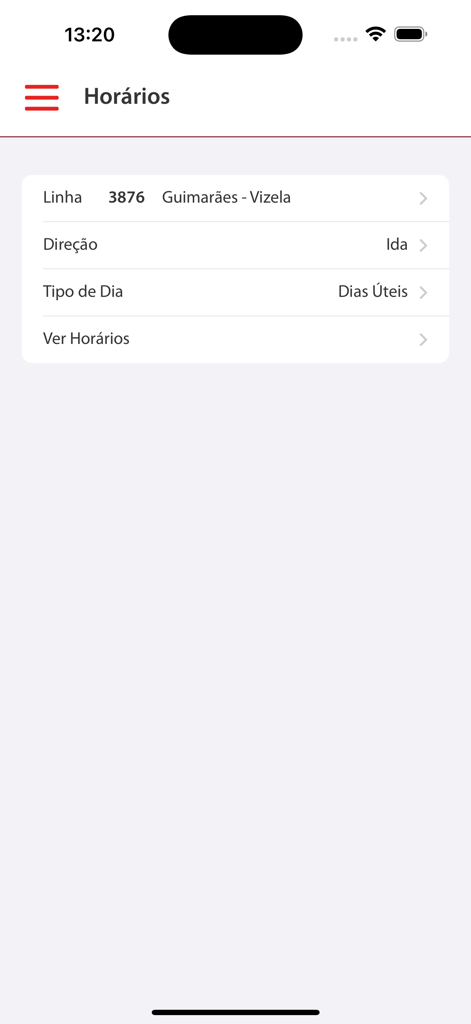 Bus schedule selection screen in the Ave Mobilidade app for the Guimaraes to Vizela route